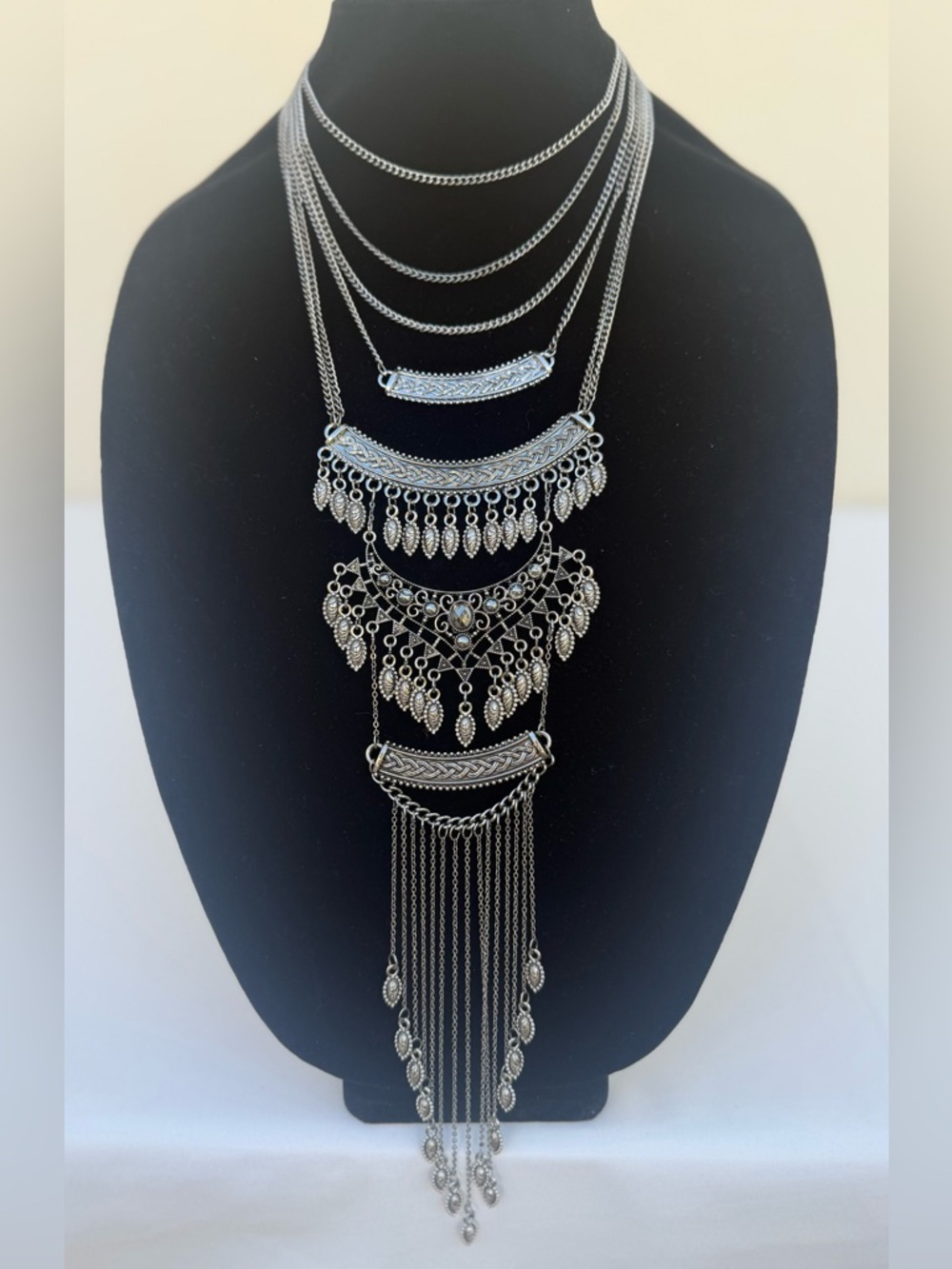 NWOT Bohemian Multi-Layer Silver Statement Necklace